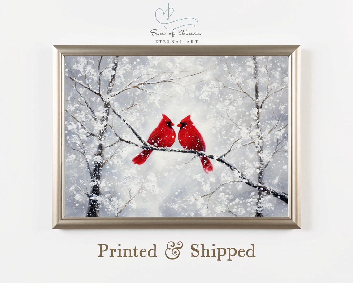 Red Cardinal Winter Painting, Vintage Christmas Poster
