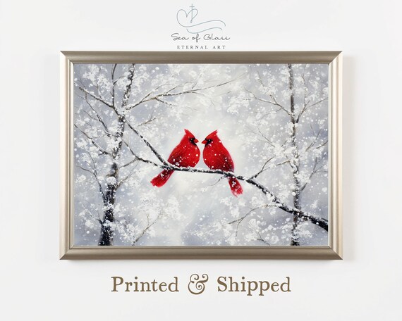 Red Cardinal Winter Painting, Vintage Christmas Poster