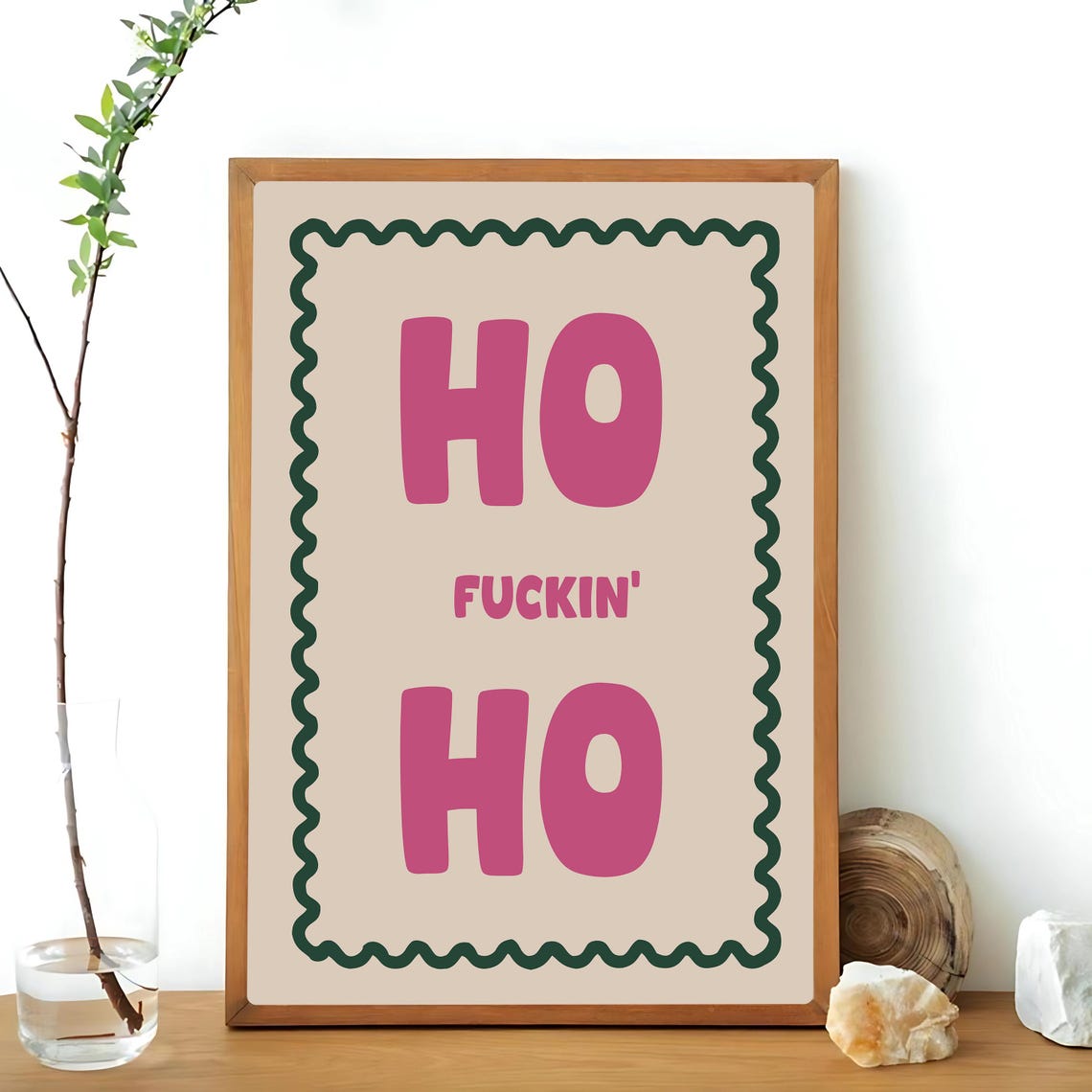 Ho Fuckin Ho Art Print Green And Pink Retro Art Sweary Santa Wall Art Winter Home Decor Xmas Home Decor Funky Sweary Christmas Print - Image 3