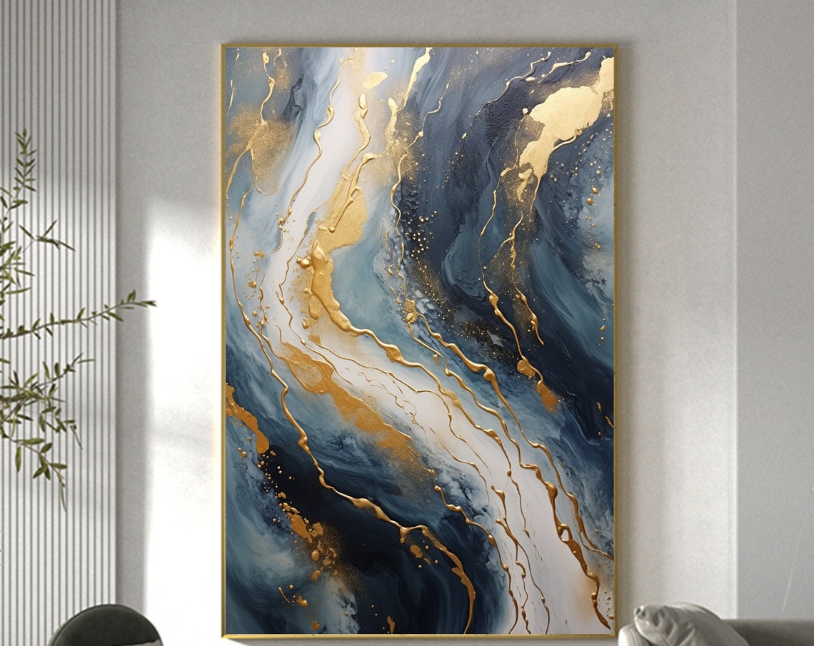 Navy Blue Marble Gold Veins Luxurious Abstract Modern Poster