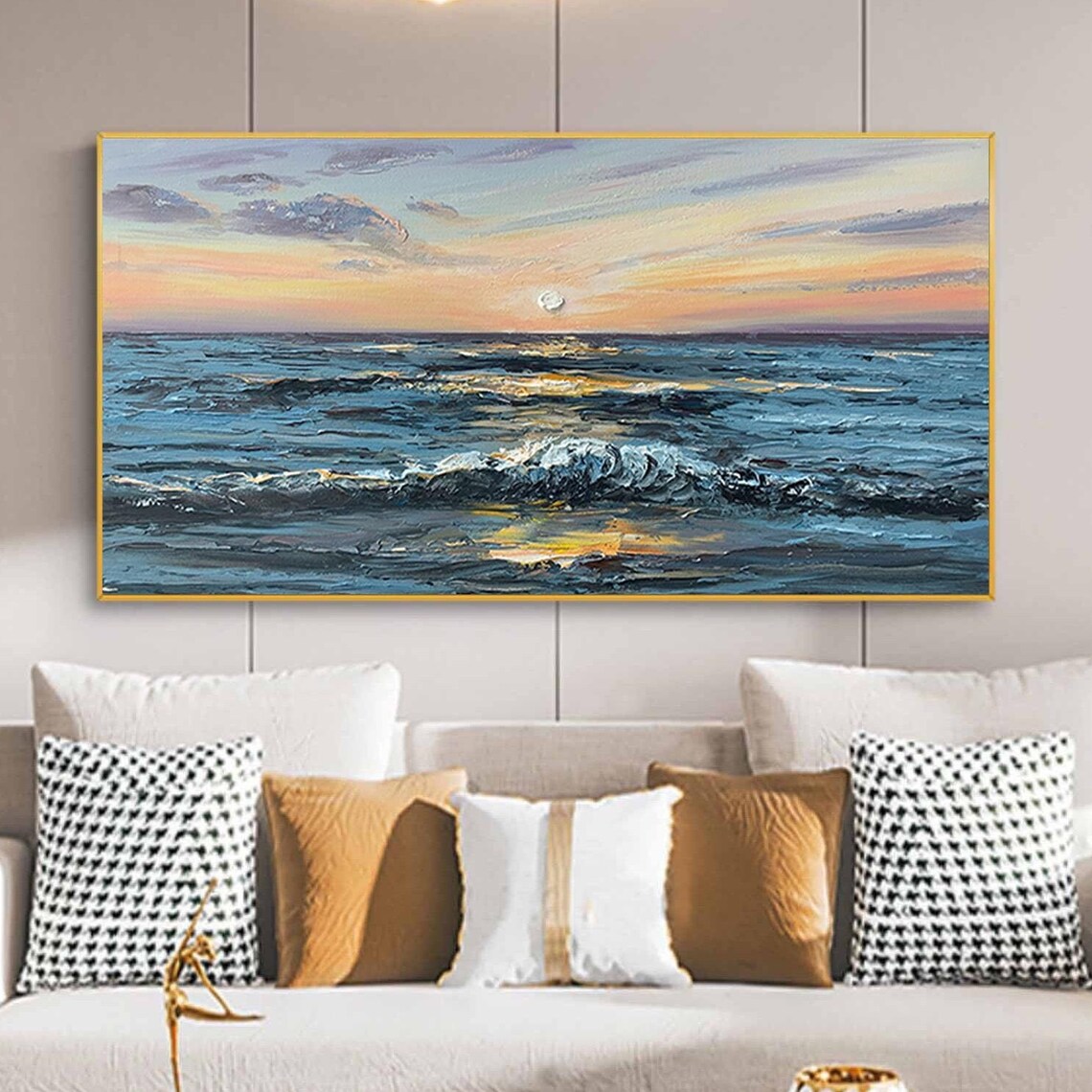 Sunset Ocean Waves Moonrise Textured Seascape Oil Painting Poster