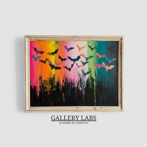 Colorful Bats Flying Drippy Neon Night Sky Halloween Painting Poster