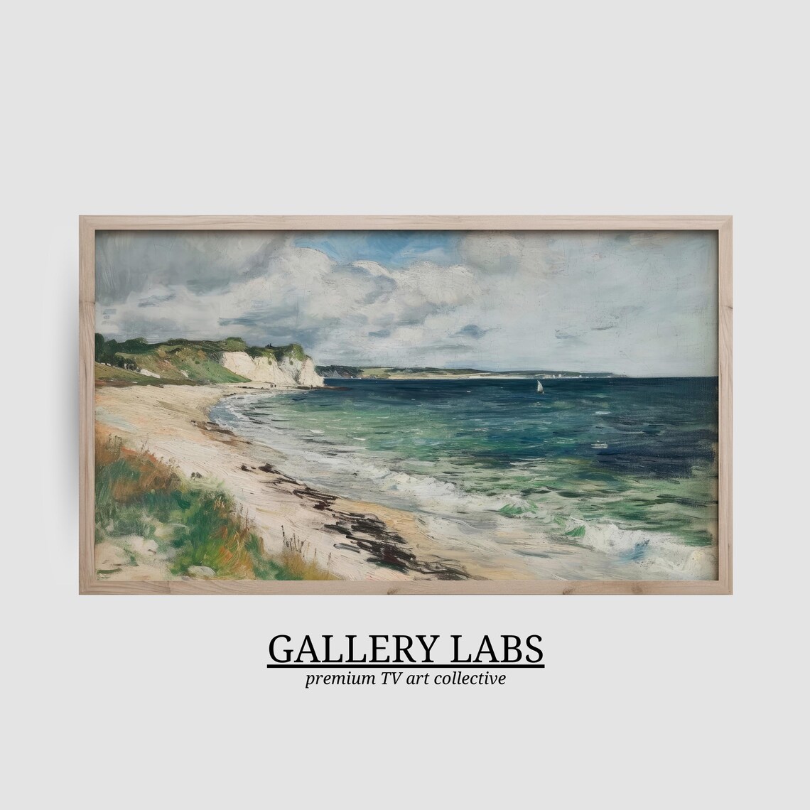 White Chalk Cliffs Green Headland Calm Sea Seascape Painting Poster - Image 2