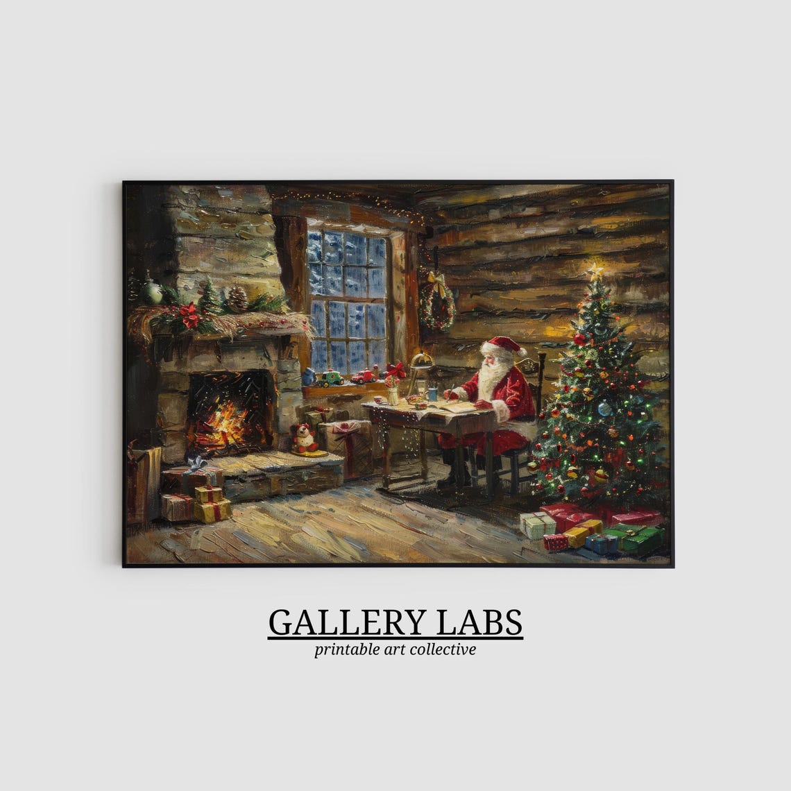 Santa Claus At Desk Log Cabin Fireplace Christmas Tree Scene Poster - Image 2