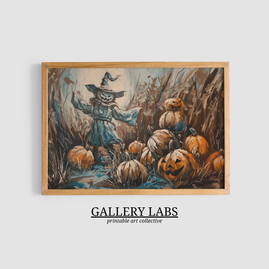Scarecrow with Pumpkin Head in Cornfield Vintage Halloween Wall Art Print - Image 3