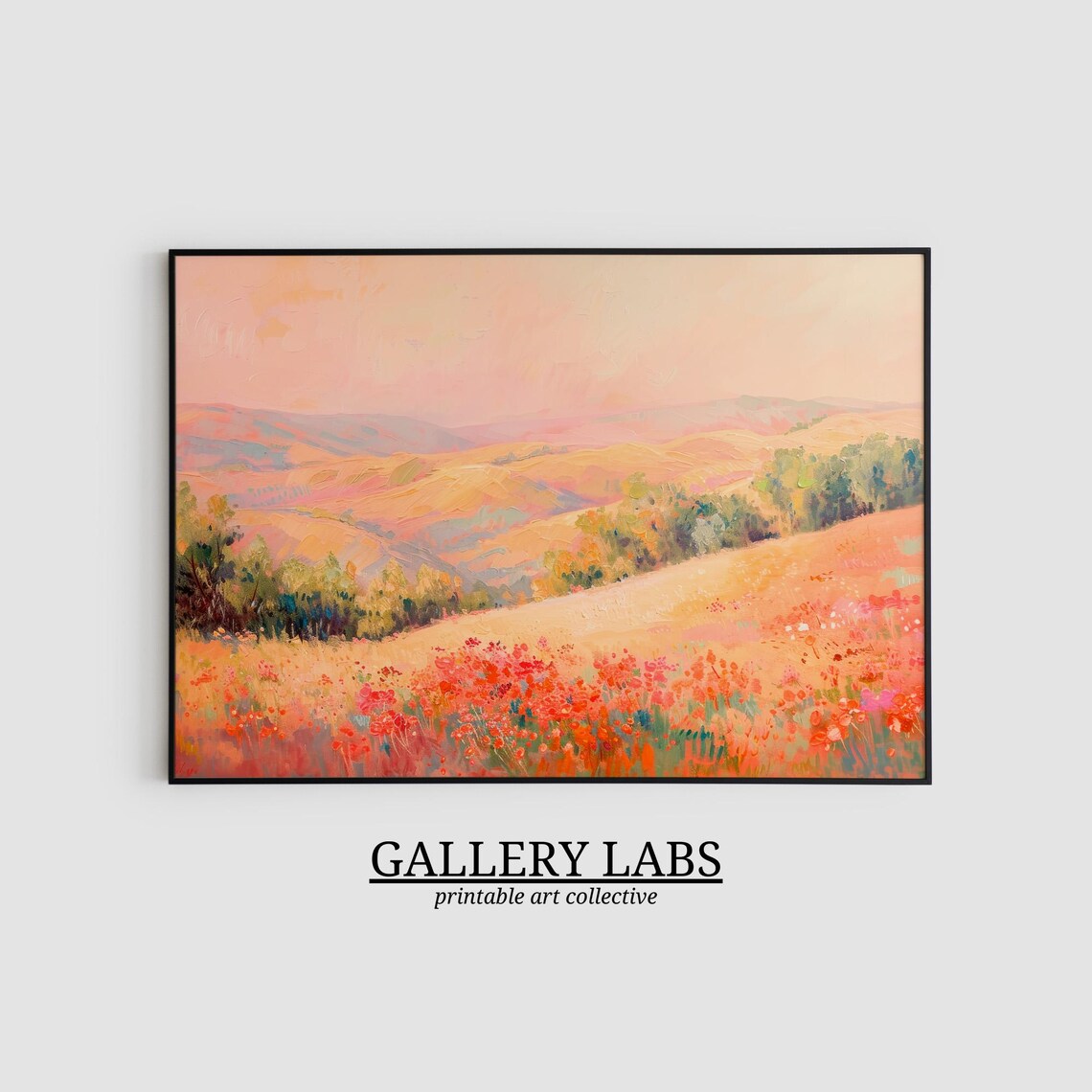 Blush Pink Landscape Rolling Hills Dreamy Trees Scene Art Print - Image 2