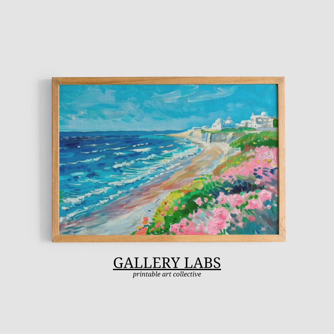 Sunny Coastal Beach with Pink Flowers White Village Seascape Wall Art Print - Image 3