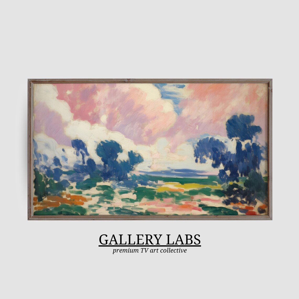 Pink Lavender Clouds Meadow Landscape Painting Framed TV Art Print - Image 3