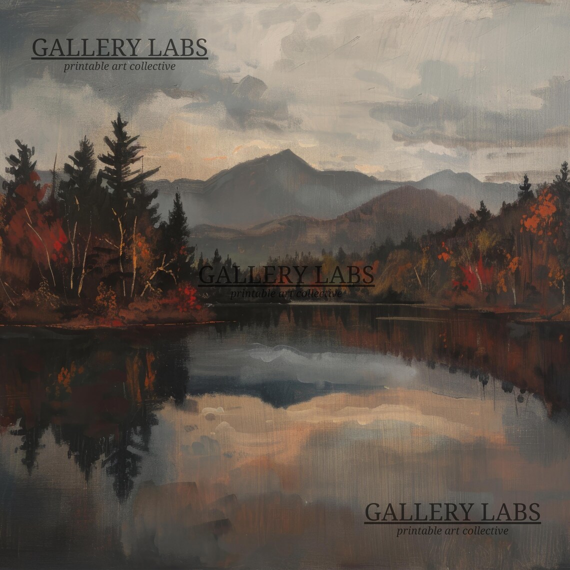 Dark Mountain Lake With Mirror Reflection at Dusk Moody Autumn Oil Painting Poster - Image 4