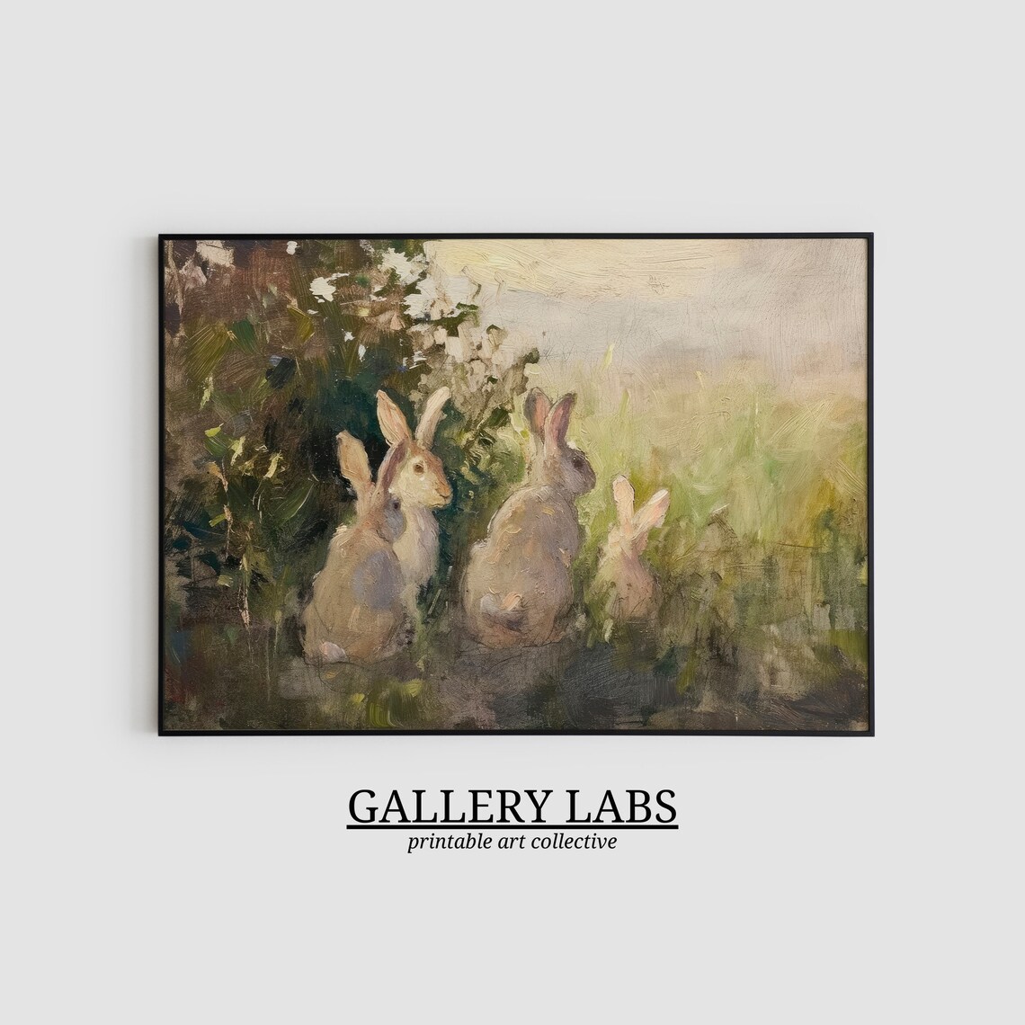 Vintage Rabbit Oil Painting Muted Neutral Country Meadow Art Poster - Image 2
