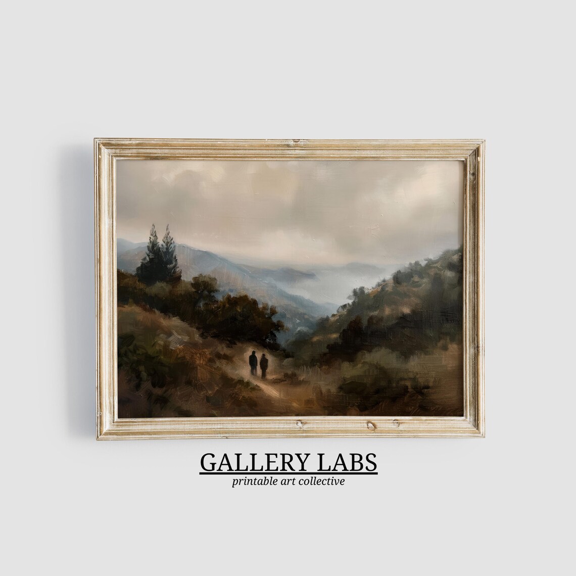 Misty Mountain Valley Trail With Walkers Moody Autumn Landscape Oil Painting Print