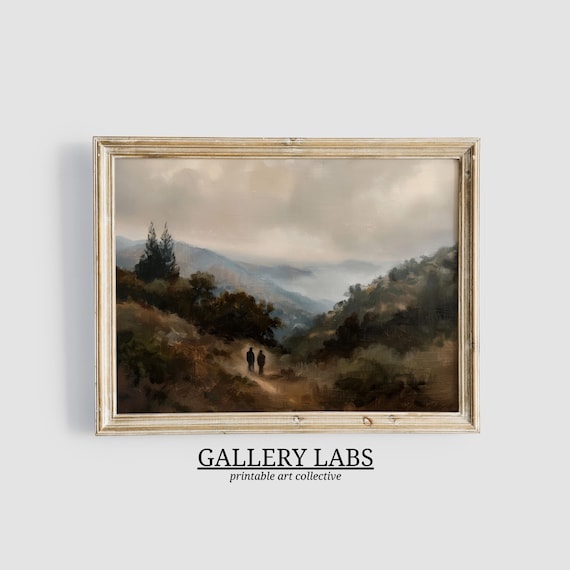 Misty Mountain Valley Trail With Walkers Moody Autumn Landscape Oil Painting Print