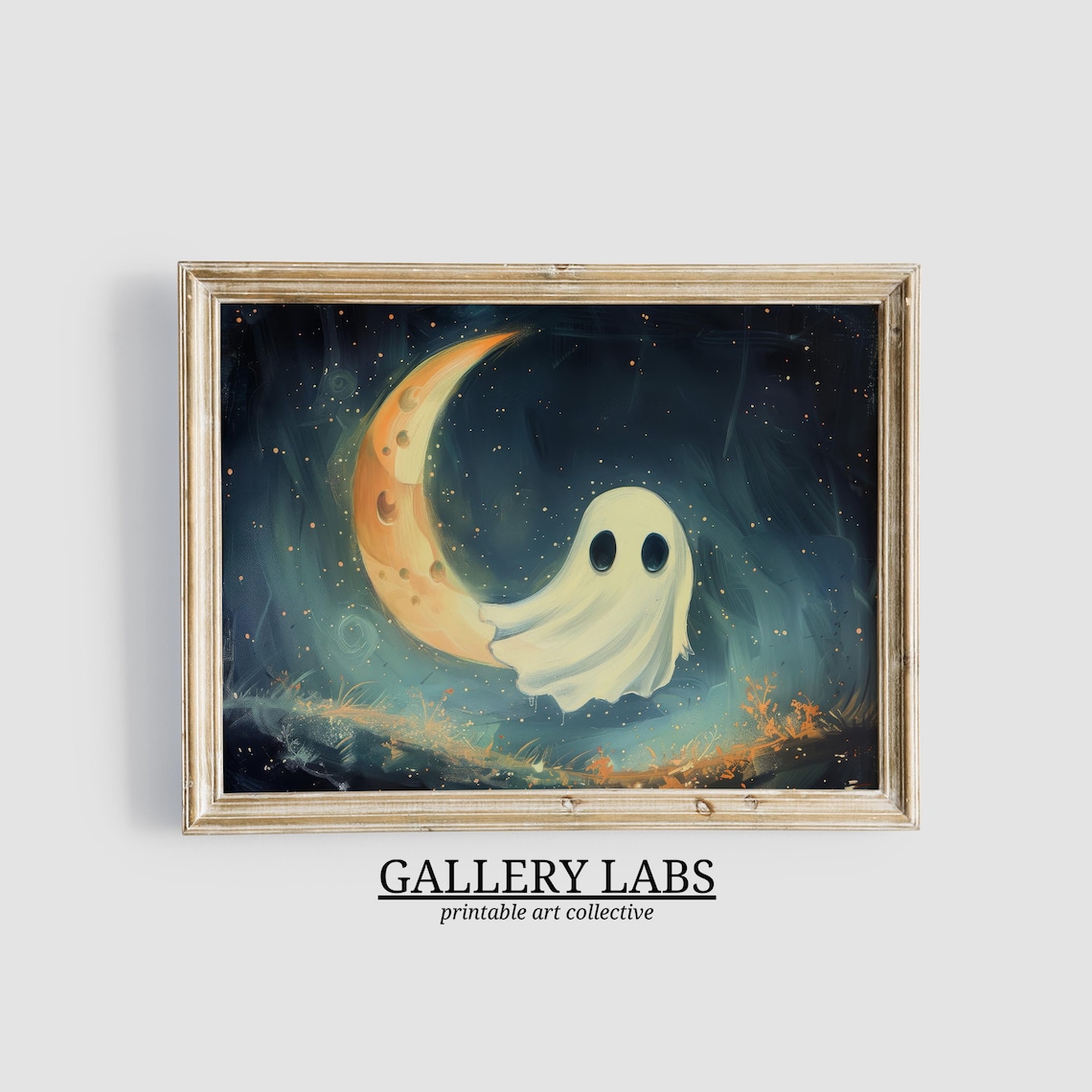 Cute Ghost with Crescent Moon Starry Night Sky Halloween Wall Art Print