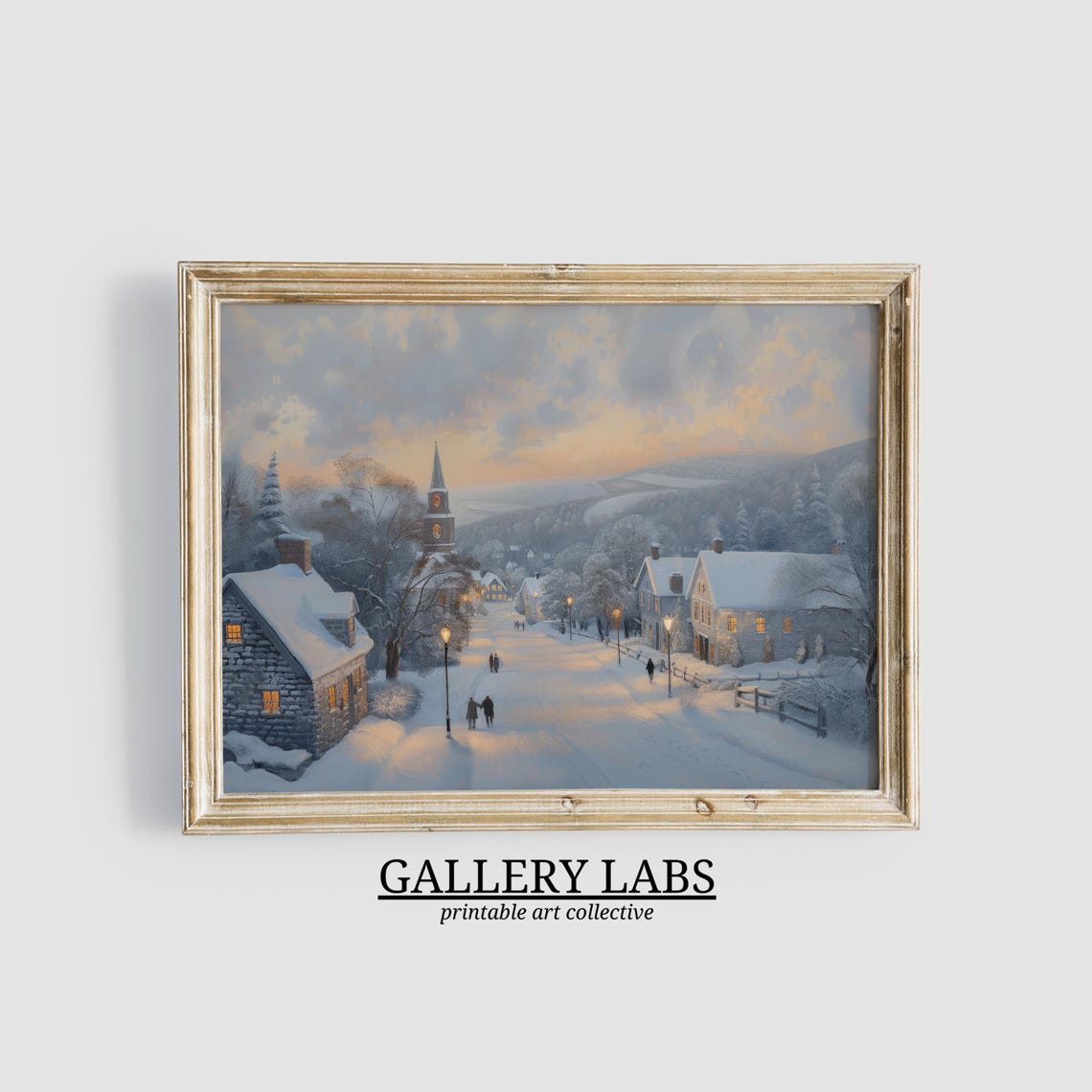 Snow Covered Village Street Glowing Windows Dusk Winter Scene Poster