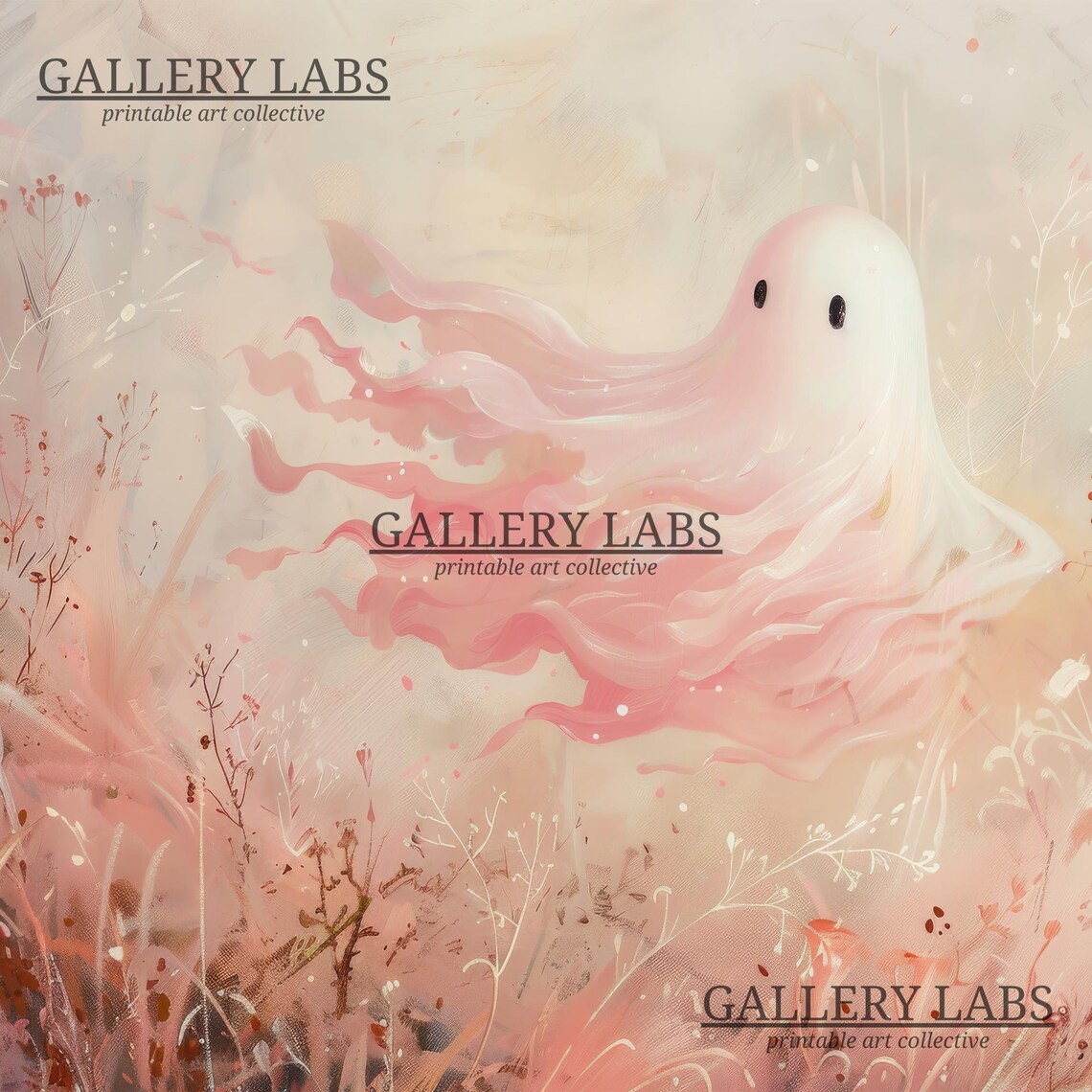 Cute Pink Ghost Floating Among Wildflowers Dreamy Halloween Wall Art Print - Image 4