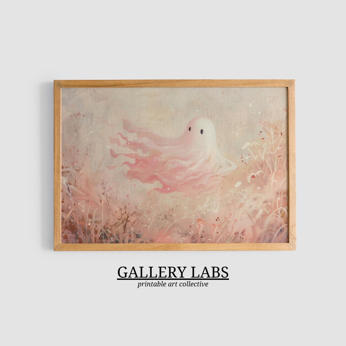 Cute Pink Ghost Floating Among Wildflowers Dreamy Halloween Wall Art Print - Image 3