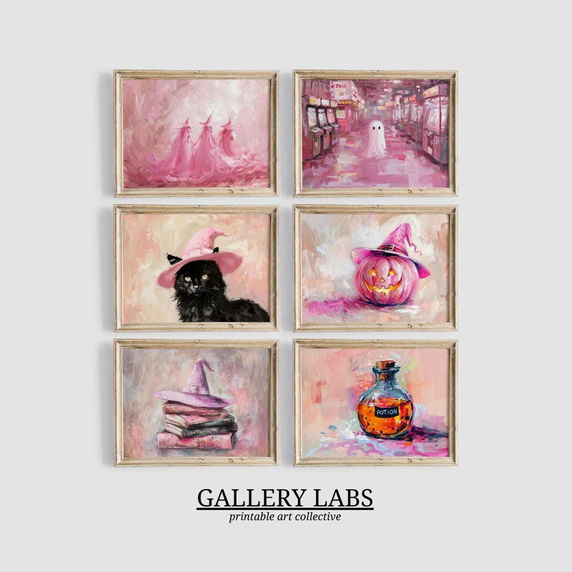 Pink Halloween Prints Set of 16 Cute Ghost Witch Spooky Wall Art - Image 4