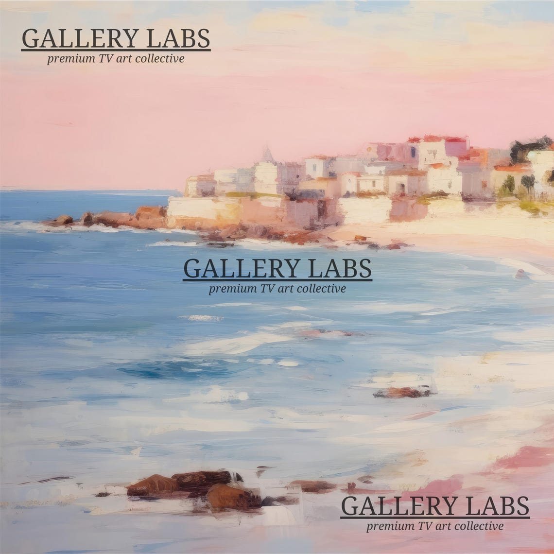 Pink Sunset Beach White Seaside Town Strolling Figures Painting Poster - Image 4