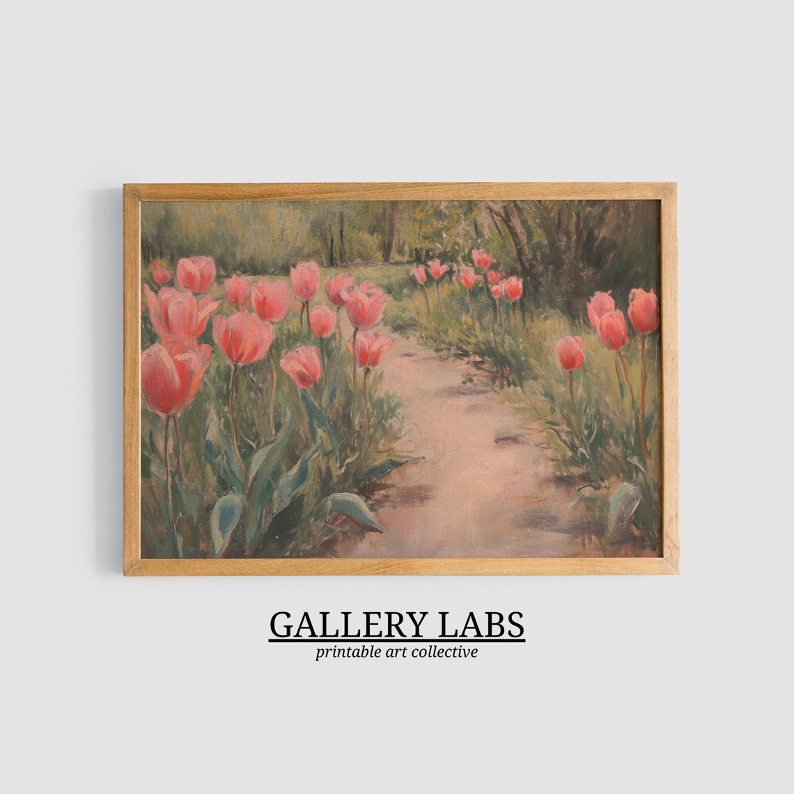 Pink Tulip Garden Path Painting Blooming Spring Walk Art Print - Image 3