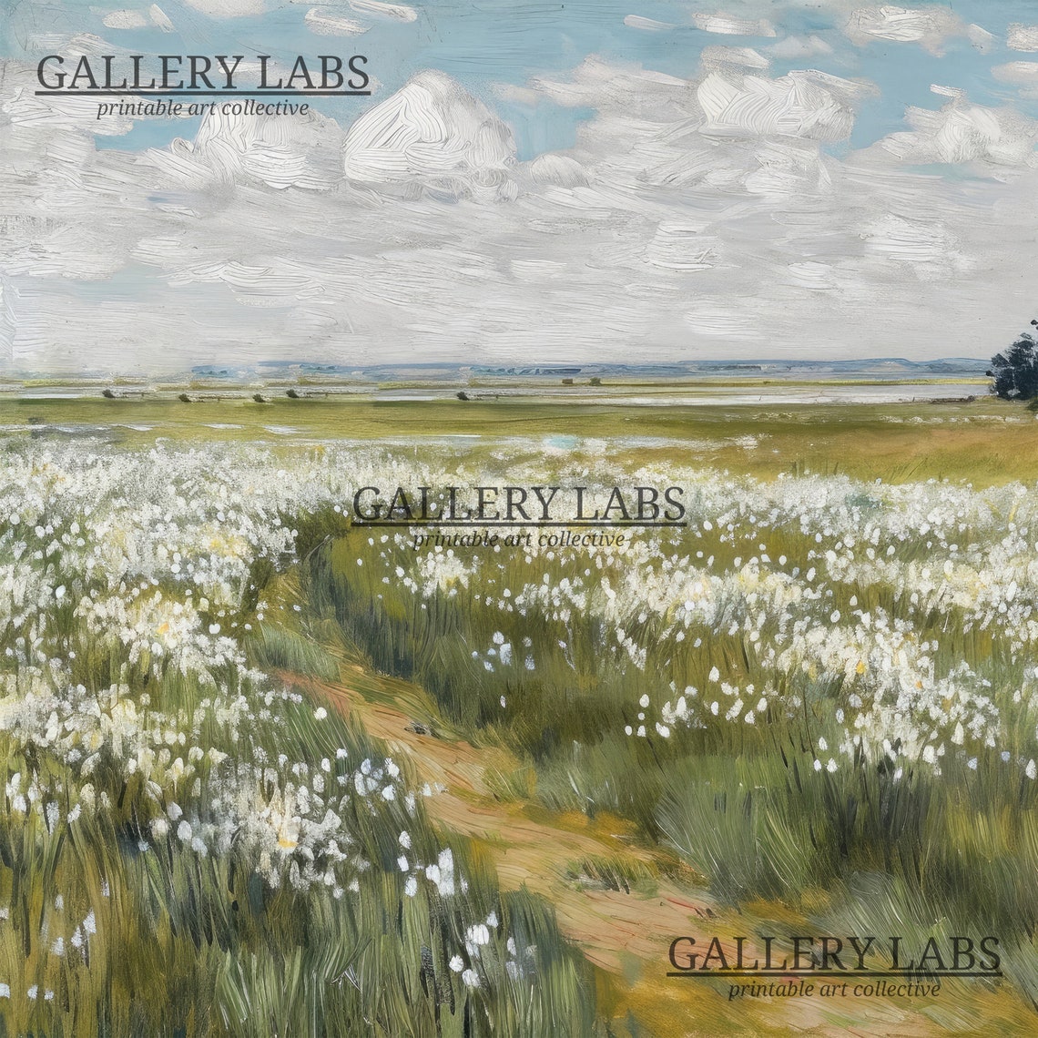 White Wildflower Meadow Winding Path Vintage Landscape Art Print - Image 4