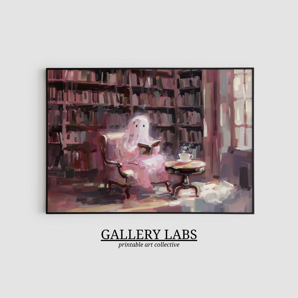 Cute Pink Ghost Reading Book in Cozy Library Halloween Wall Art Print - Image 2