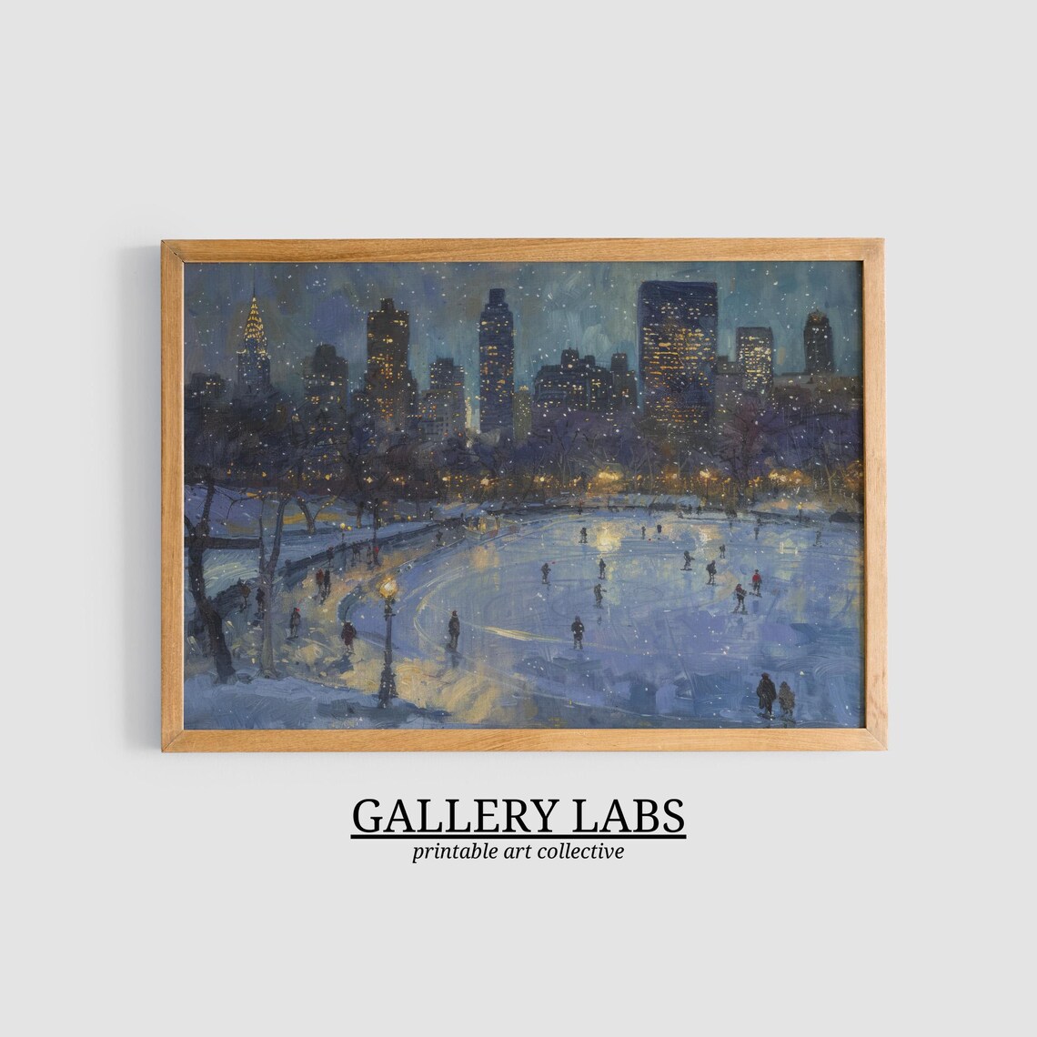New York City Night Ice Rink Manhattan Skyline Snow Painting Poster - Image 3
