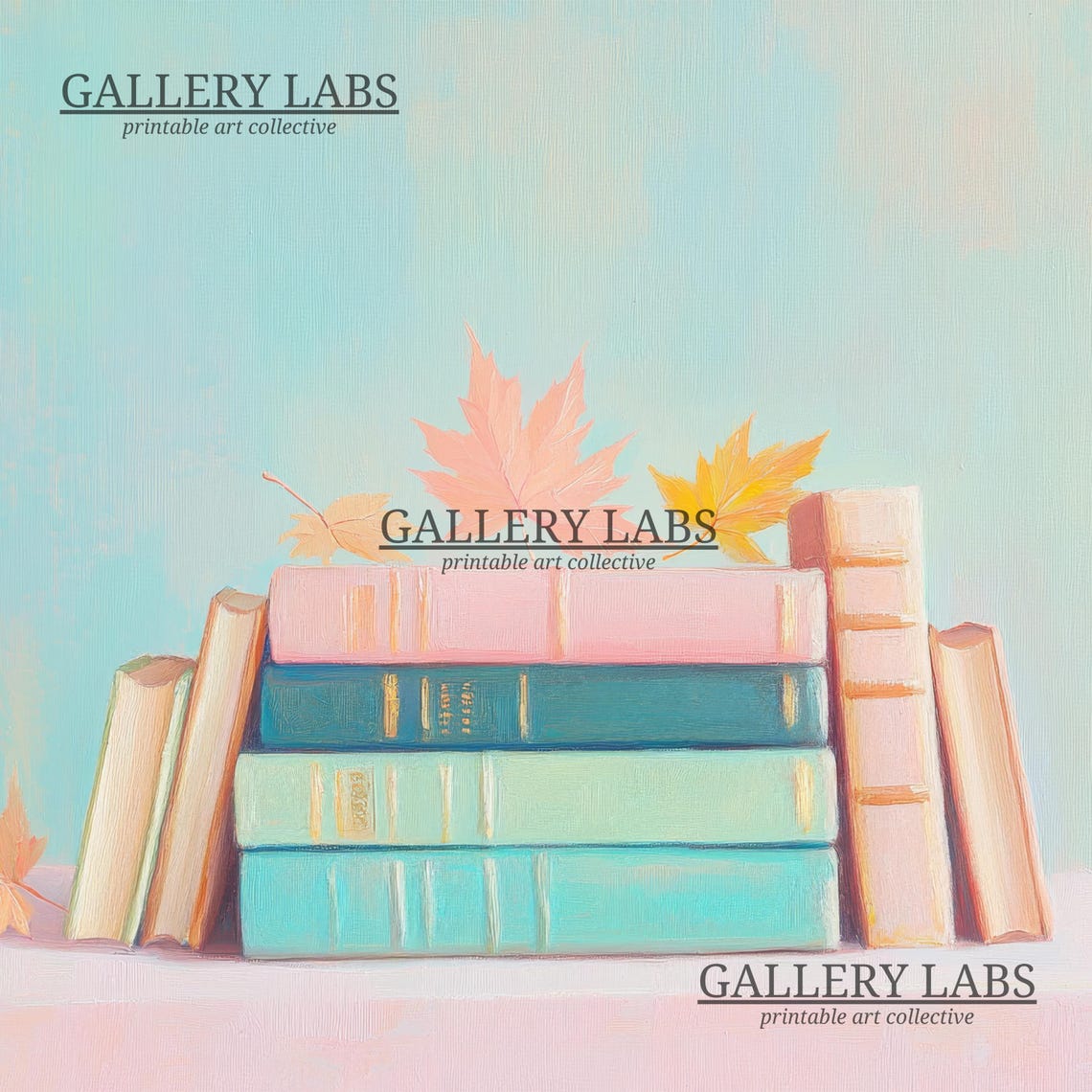 Pastel Books Stack Maple Leaves Cozy Fall Season Wall Art Print - Image 4