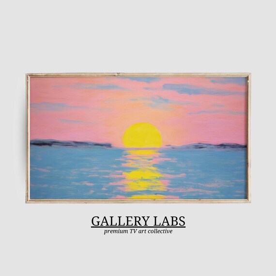 Pink Sunset Ocean Painting Golden Sun Seascape Coastal Wall Art Poster