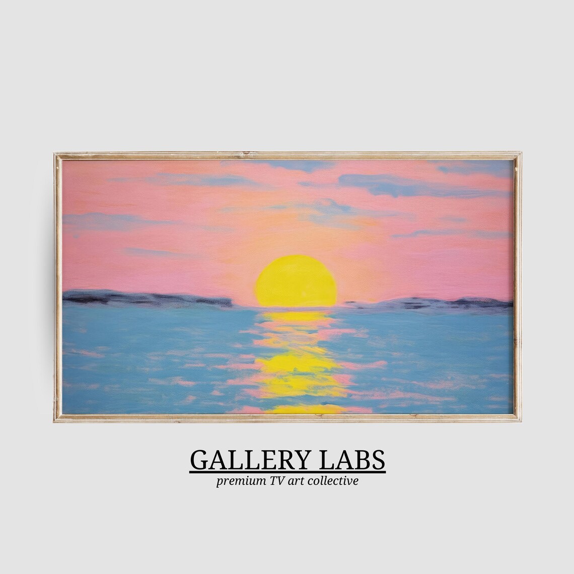 Pink Sunset Ocean Painting Golden Sun Seascape Coastal Wall Art Poster