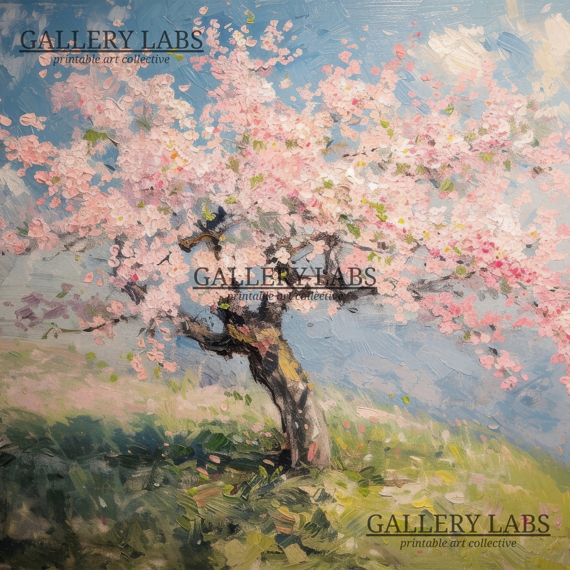 Pink Cherry Blossom Tree In Bloom Spring Hillside Painting Poster - Image 4