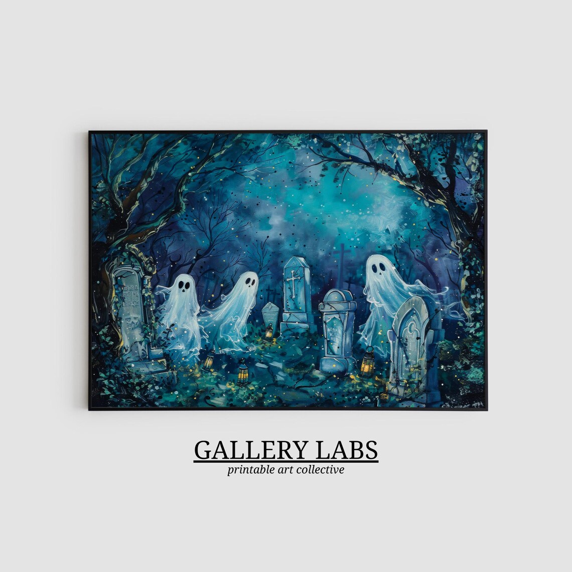 Spooky Ghosts in Haunted Graveyard Night Dark Forest Halloween Wall Art Print - Image 2