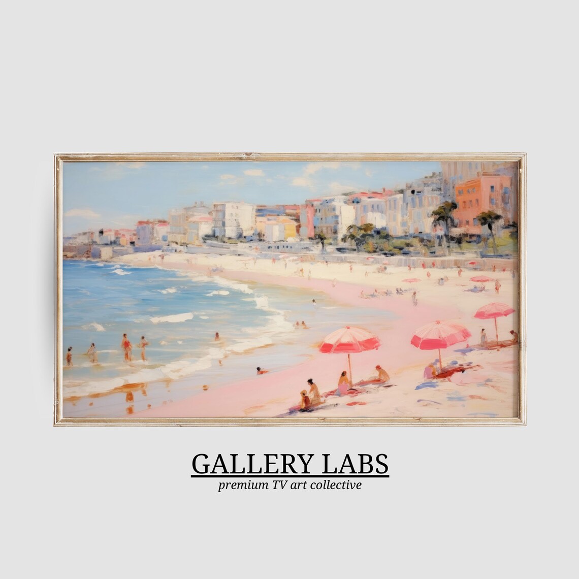 Pink Sand Beach Umbrellas Swimmers Seaside Town Pastel Painting Poster
