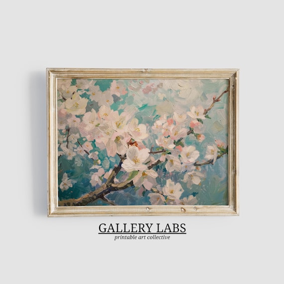 Cherry Blossom Branch Painting Pink White Blooms Teal Art Print
