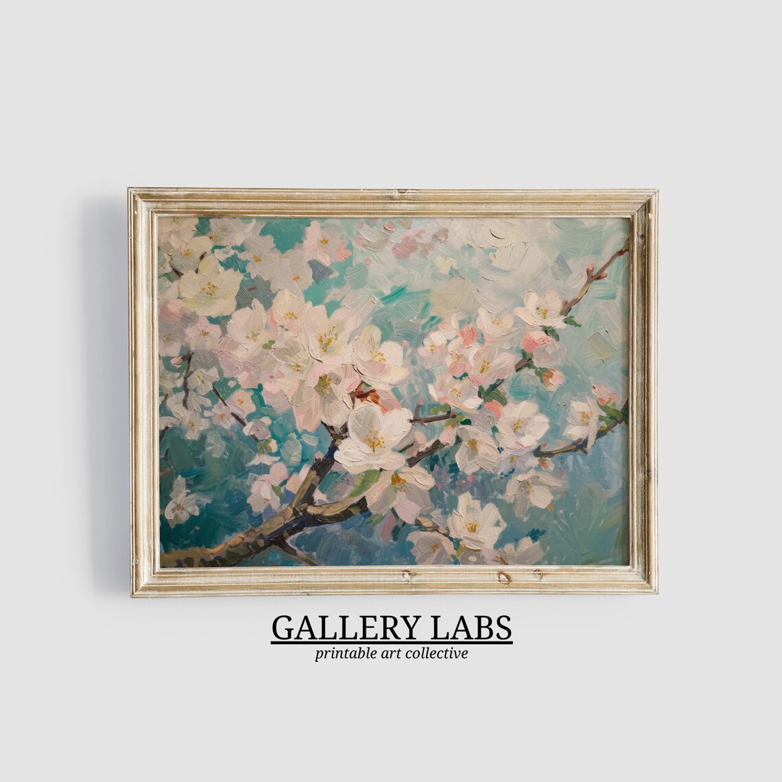 Cherry Blossom Branch Painting Pink White Blooms Teal Art Print