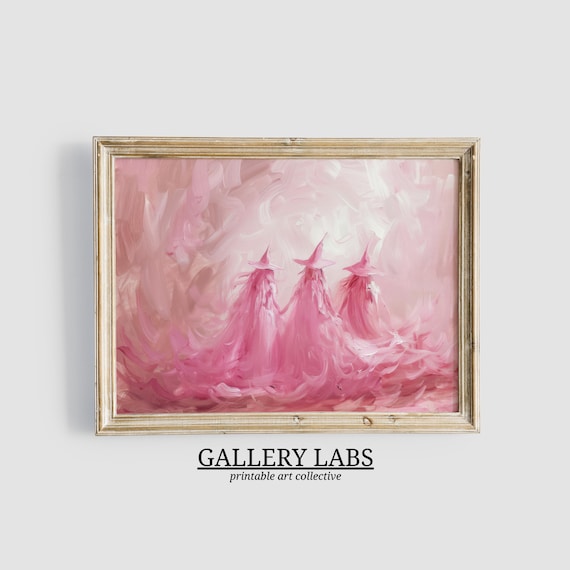 Three Pink Witches In Hats Spooky Season Whimsical Painting Poster
