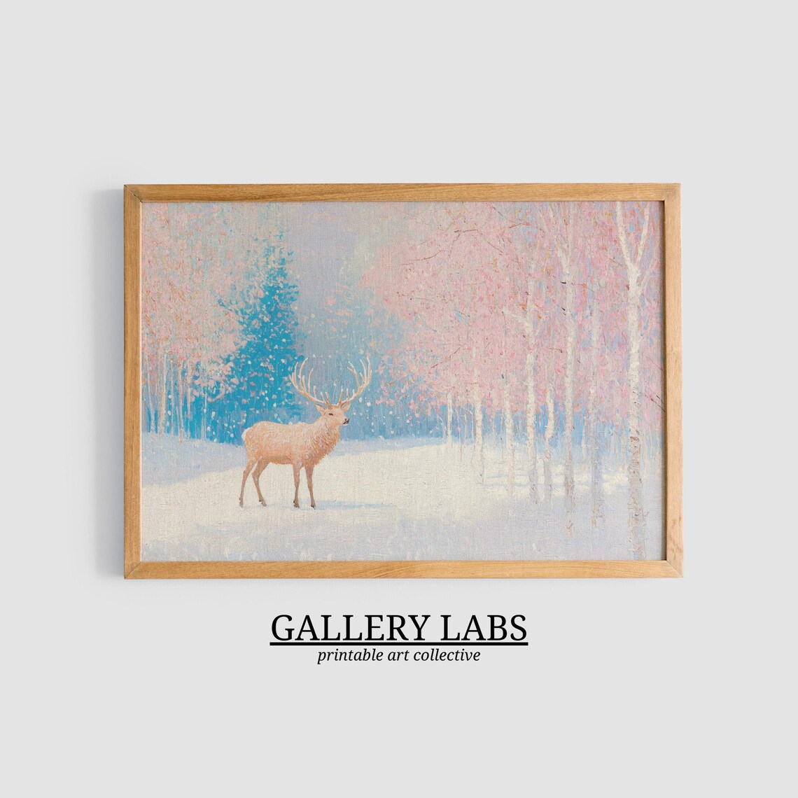Pink Winter Deer Painting Snowy Forest Stag Christmas Art Poster - Image 3