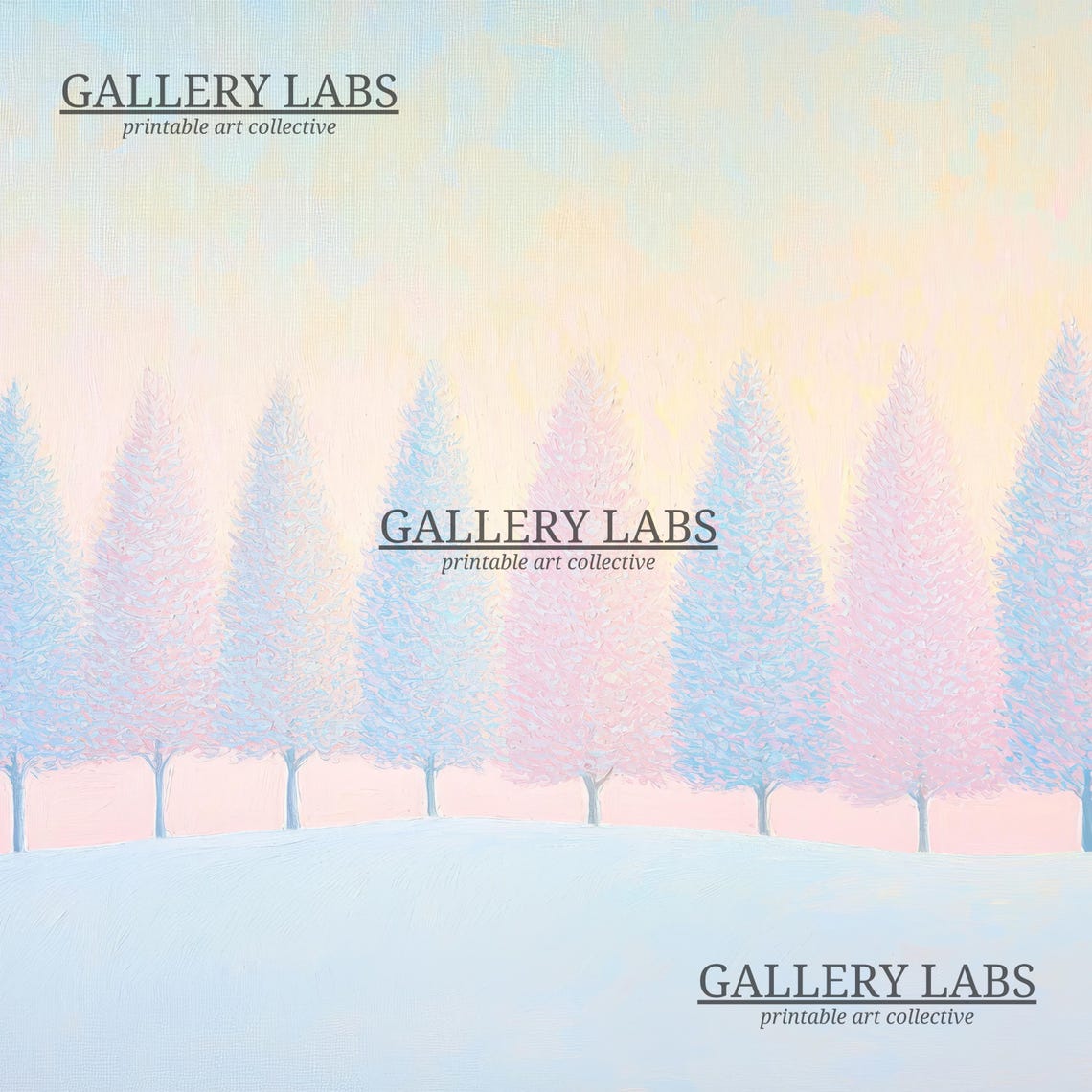 Pastel Pink Pine Forest Snow Dawn Row Trees Winter Wall Art Poster - Image 4