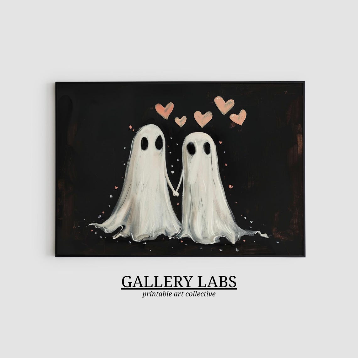 Two Ghosts Pink Hearts Starry Night Sweet Spooky Painting Wall Poster - Image 2
