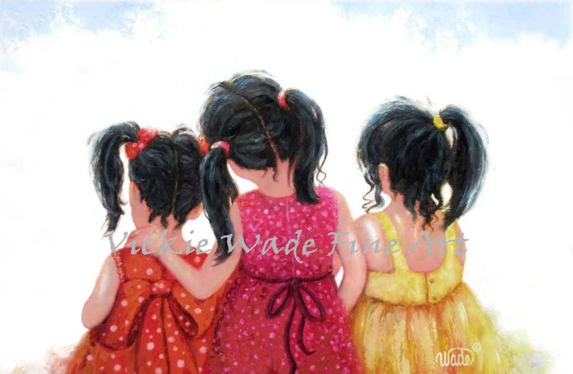 Three Black-Haired Sisters Standing Side by Side Together Poster
