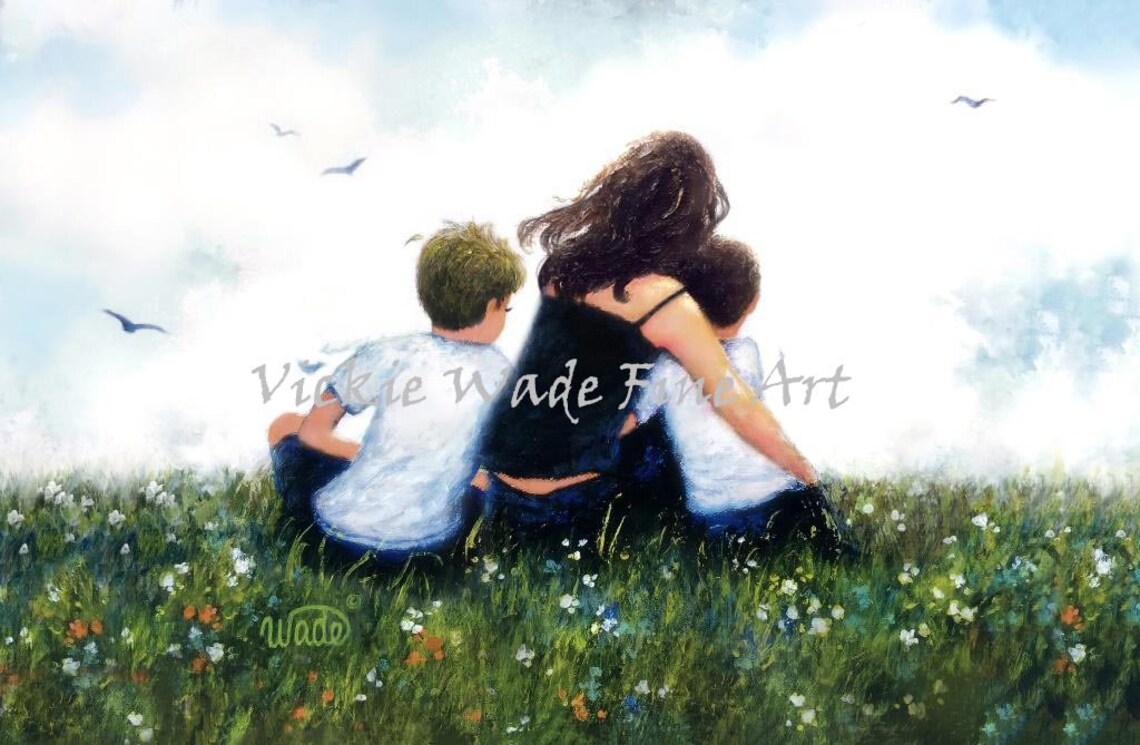 Mother and Two Sons Resting Together in a Wildflower Meadow Poster