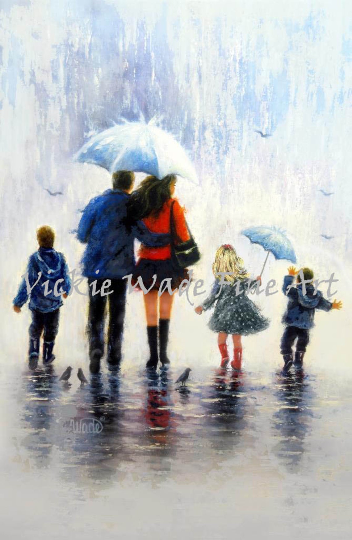 Family Two Sons And Daughter Art Print Rain Family Two Boys And Girl Walking In Rain Mom Dad Three Kids Umbrella Art Vickie Wade Art