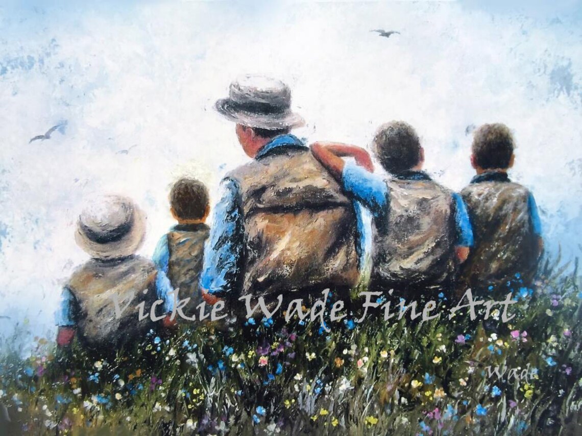 Father With Four Sons Warm Family Portrait Fatherhood Art Poster