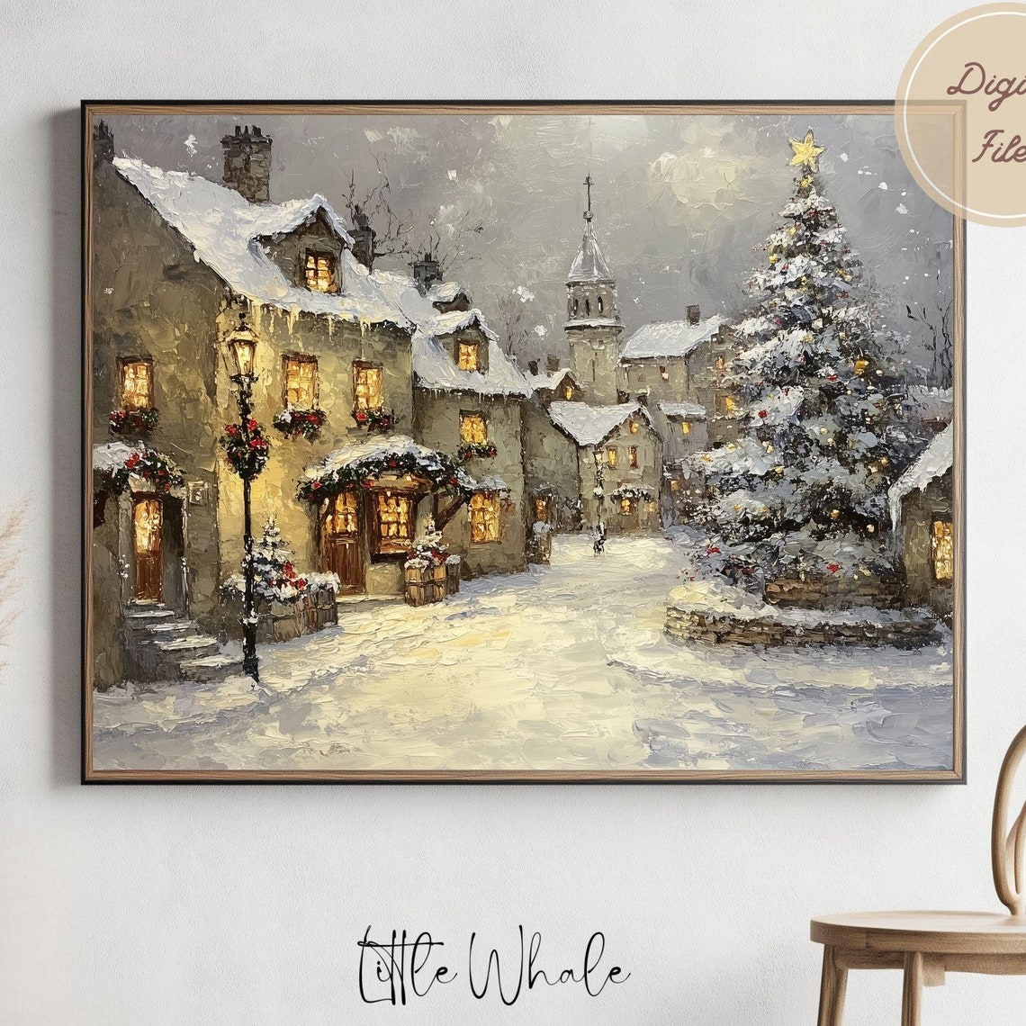 Snowy Stone Village with Church and Christmas Tree Oil Painting Poster