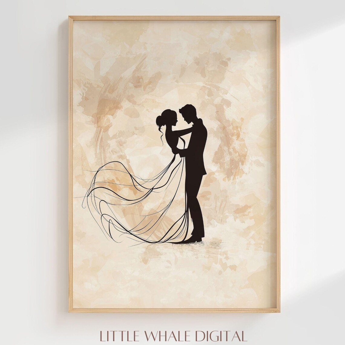 Minimalist Dancing Couple Silhouette Romantic Beige Line Art Poster - Image 3