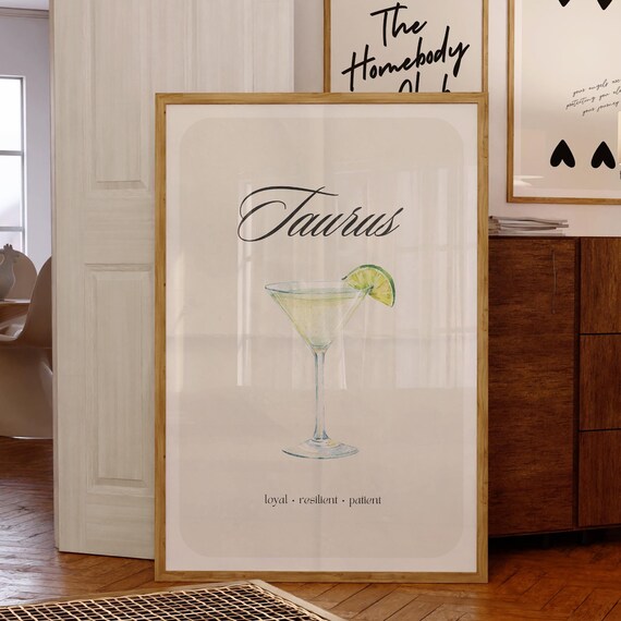 Taurus Zodiac Sign Cocktail Poster with Lime Martini Watercolor