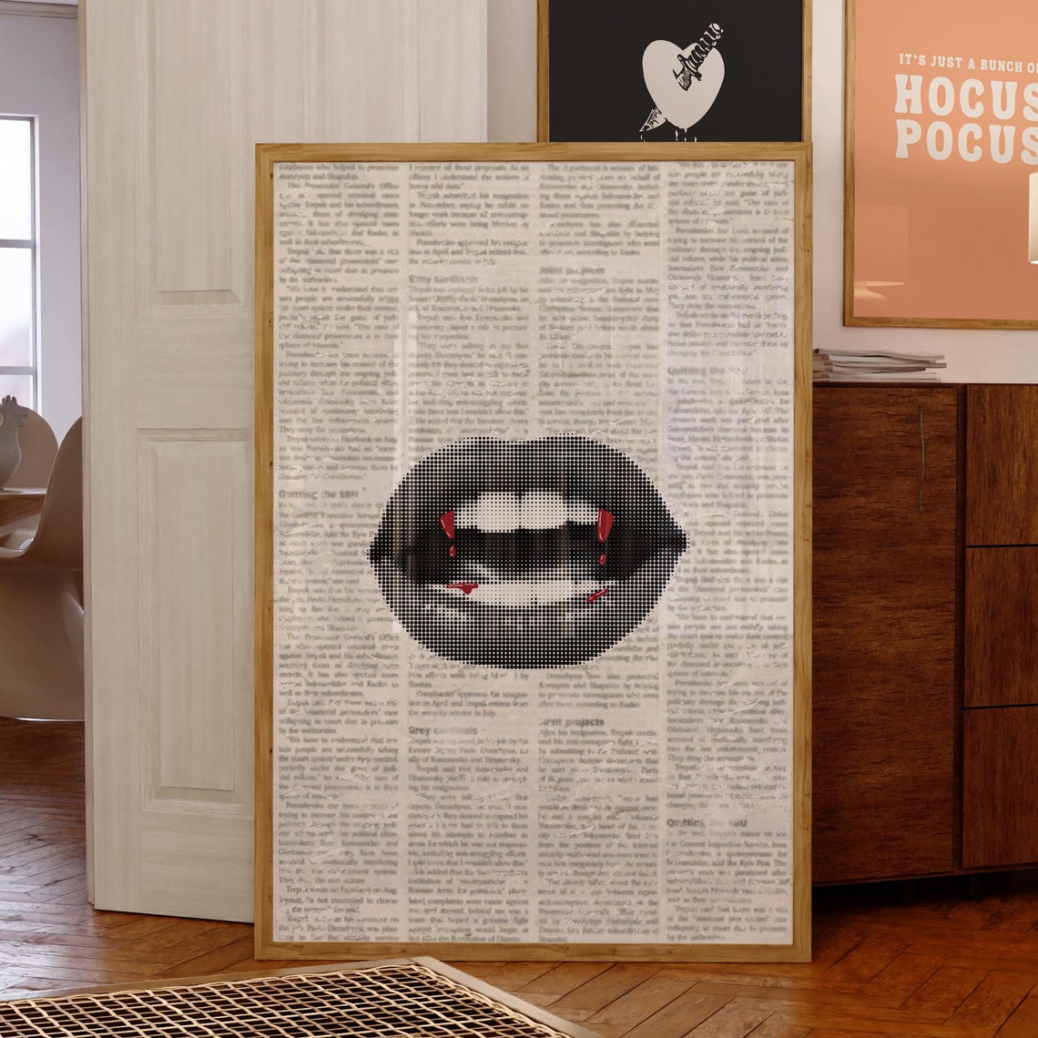 Vampire Teeth Bloody Fangs Halftone Lips Newspaper Horror Art Poster