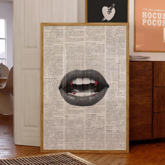 Vampire Teeth Bloody Fangs Halftone Lips Newspaper Horror Art Poster