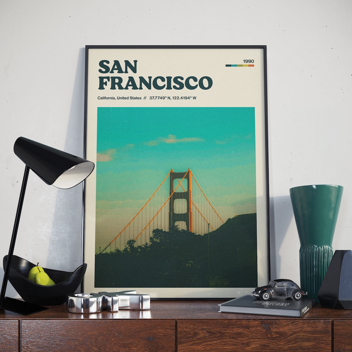San Francisco 1990 Golden Gate Bridge Teal Sky Retro Travel Poster