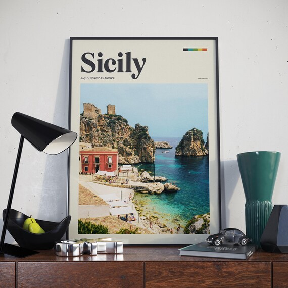 Sicily Italy Retro Travel Poster Turquoise Coast Cove Photography