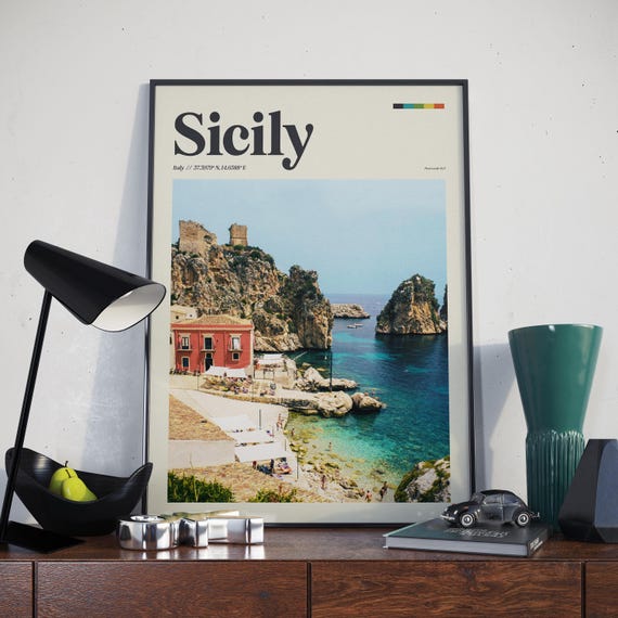 Sicily Retro Poster Design Photography Wall Art Home Decor Italy Travel 90s Vintage Midcentury Modern Coastal Print